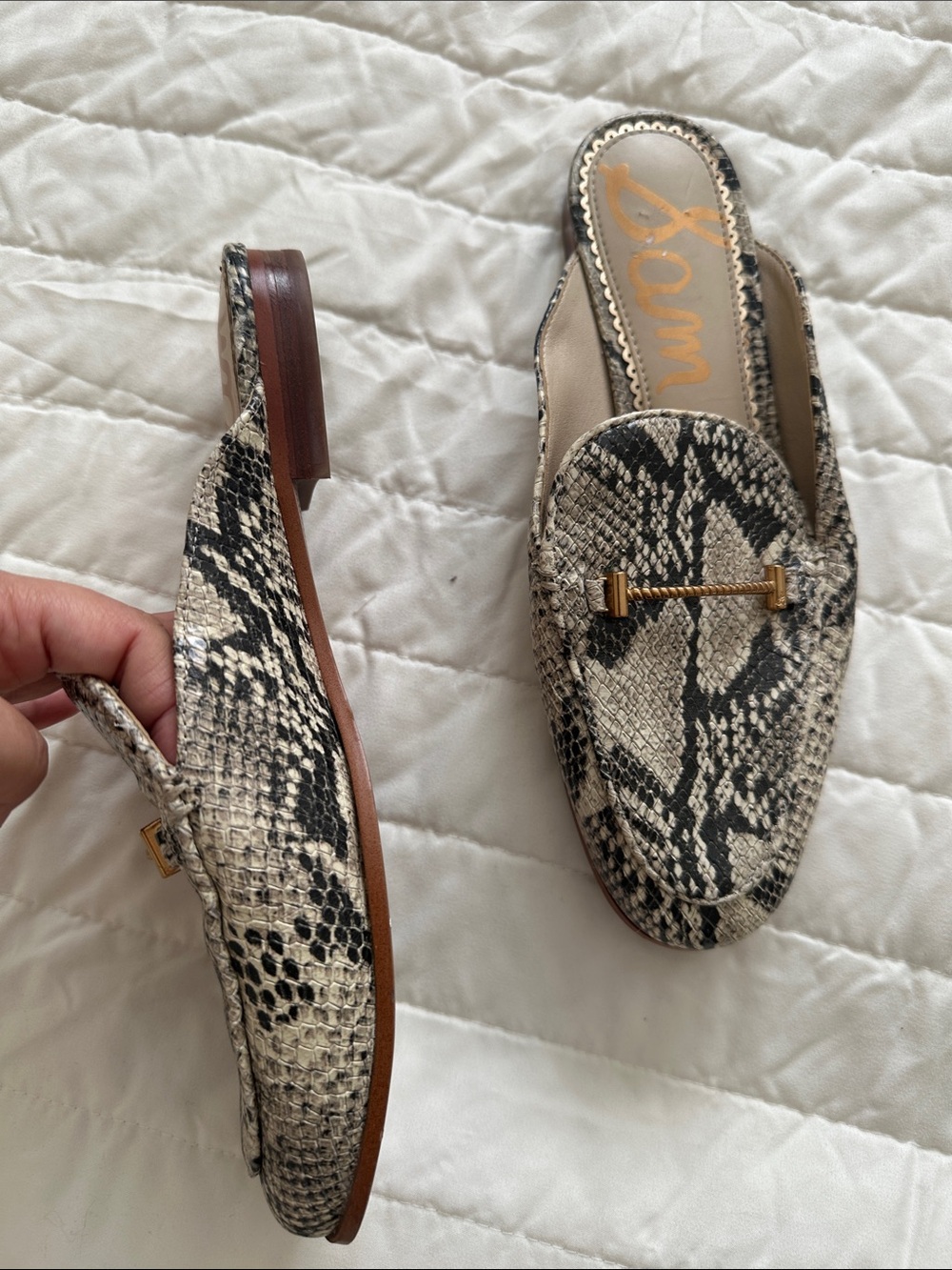 Sam Edelman Snake-Print Backless Mules with Gold Accent - Beige & Black - Picture 3 of 8